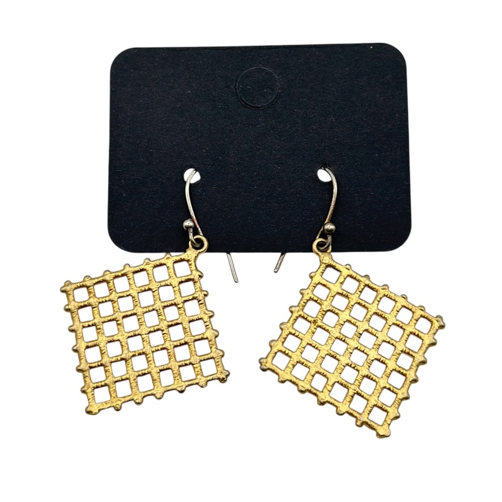 Vintage Brass Lattice Grid Square Dangle Earrings Mixed Metal Gold Tone